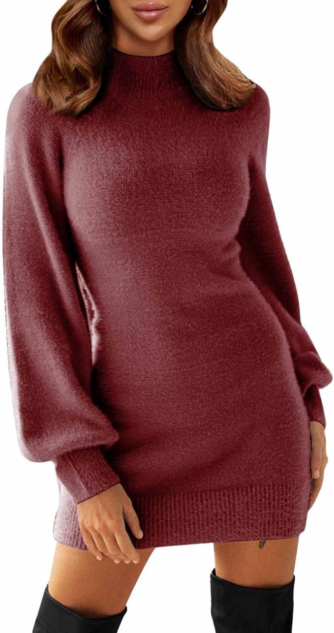 EXLURA Women's Mock Neck Ribbed Long Sleeve Bodycon Pullover Cute Mini Sweater Dress | Amazon (US)