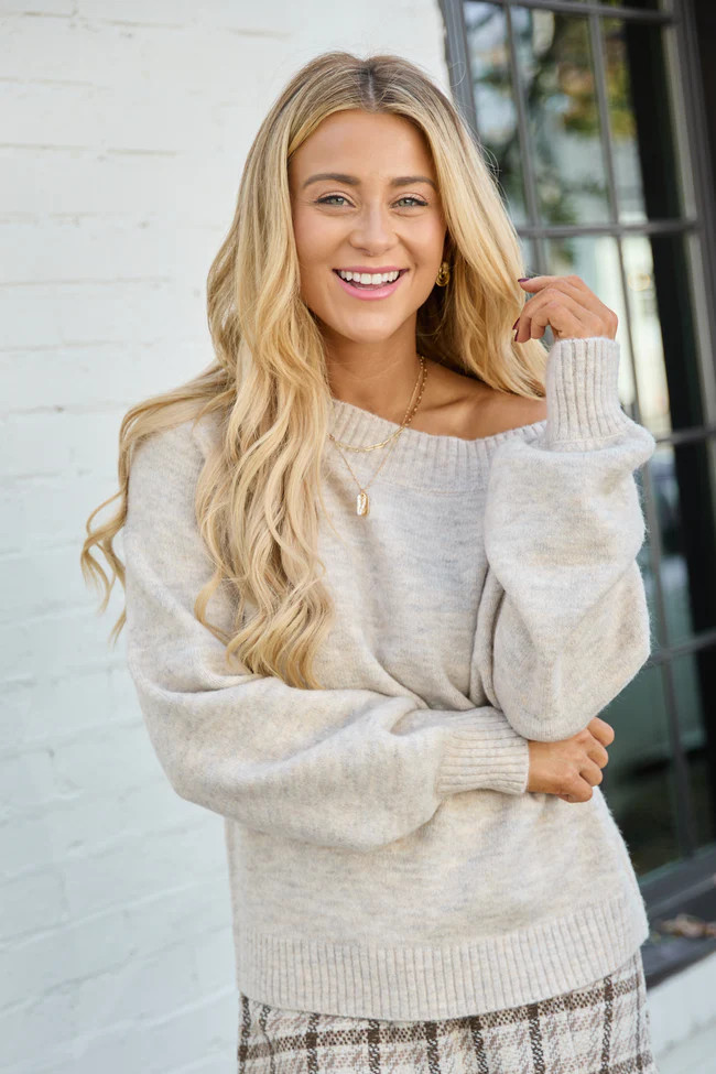 Rilyn Grey Off the Shoulder Crewneck Sweater | Pink Lily