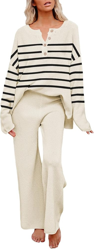 Pink Queen Women's 2 Piece Outfit Set Long Sleeve Button Pullover Sweater Top and Wide Leg Pants ... | Amazon (US)
