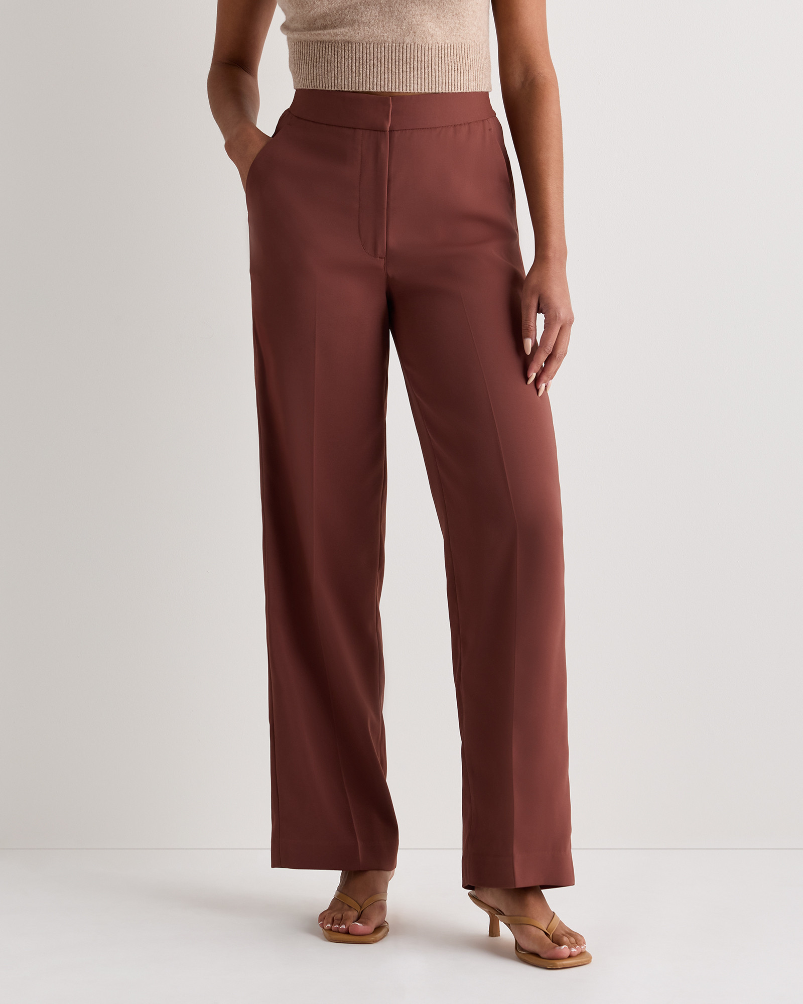 Quince | Women's Stretch Crepe Classic Trouser Pants in Redwood Brown, Size 16, Recycled Polyester | Quince