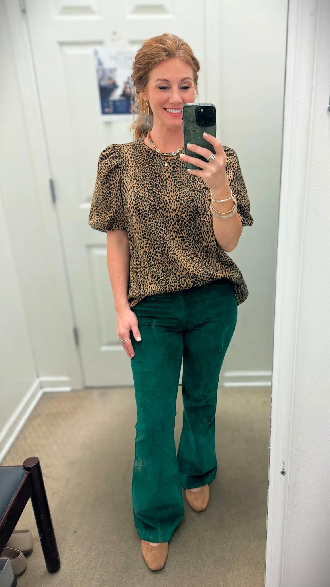 Belk try on from Stephanie! She is petite at 5’3 and wearing a small in the leopard top. I have linked similar green flares for this look with the suede ballet flats. 

#LTKWorkwear #LTKPetite #LTKStyleTip