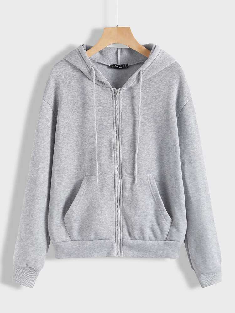 Zip Up Drop Shoulder Drawstring Hoodie | SHEIN