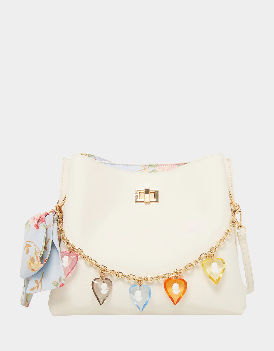 VANITY BUCKET BAG W/ SCARF AND CHARM CHAIN SWAG WHITE | Betsey Johnson