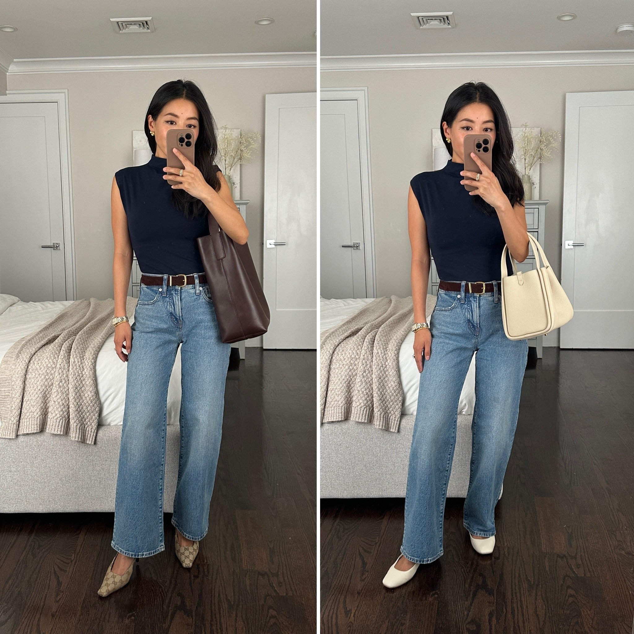 My most worn Madewell crop jeans now come in full length! Pictured jeans are tagged below as “exact.” The cropped ones are tagged as “similar”

Showing how they fit with a mid heel vs flats . I’m 5 feet tall for ref.

• Madewell perfect vintage jeans 24P - this full length, wide leg is great to style with flats, wedges, or a low heel. I take 24P which measures 12.75”across the waist, 9.5” rise, and 26.7” inseam. 

• Madewell top Xs. I sized up so it isn’t as snug. Nice fabric and versatile navy color.

• Madewell belt xxs. Great staple that I have in black and this deeper rich brown.

On the left:
• Madewell tote - quiet luxury bucket bag slouches so it isn’t overwhelming on a Petite frame . perfect for students and the office, and fits a laptop!

• Gucci heels 

On the right
• Songmont bag

• Dolce Vita flats 5.5- some of my most worn flats. If you’re between half sizes, I recommend sizing up! 

#LTKstyletip #LTKSeasonal #LTKitbag