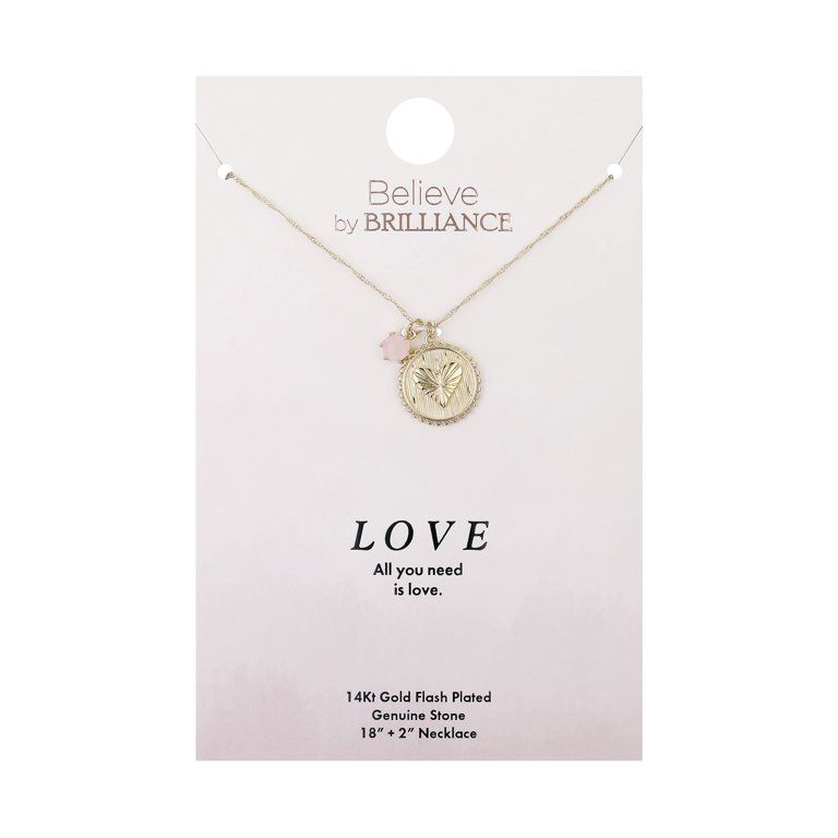 Women's 14Kt Gold Flash Plated Genuine Rose Quartz Heart Coin Pendant Necklace, 18+2" Extender | Walmart (US)