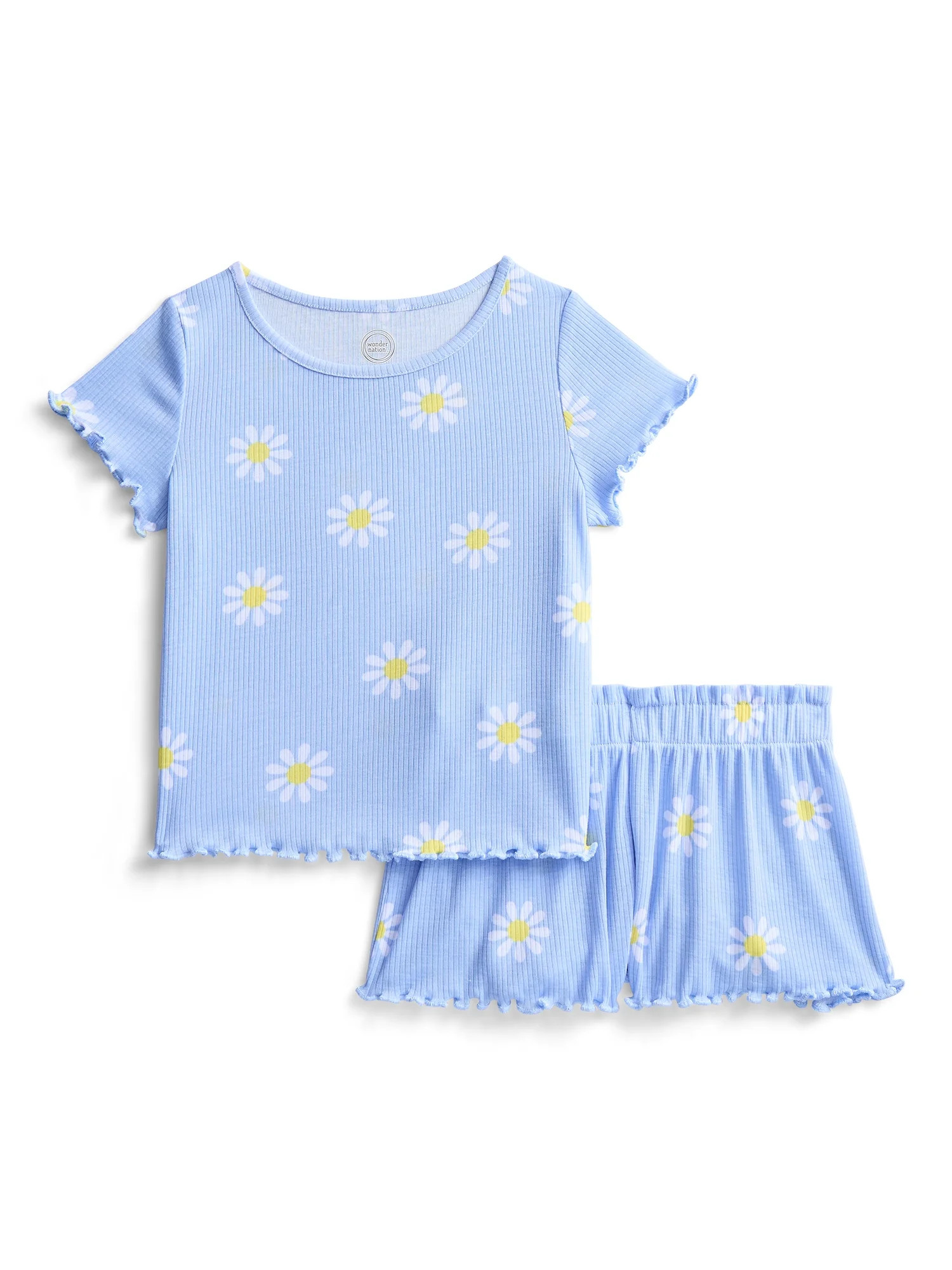 Wonder Nation Girls Ribbed Short Sleeve Top and Shorts Pajama Set, 2-Piece, Sizes 4-18 | Walmart (US)