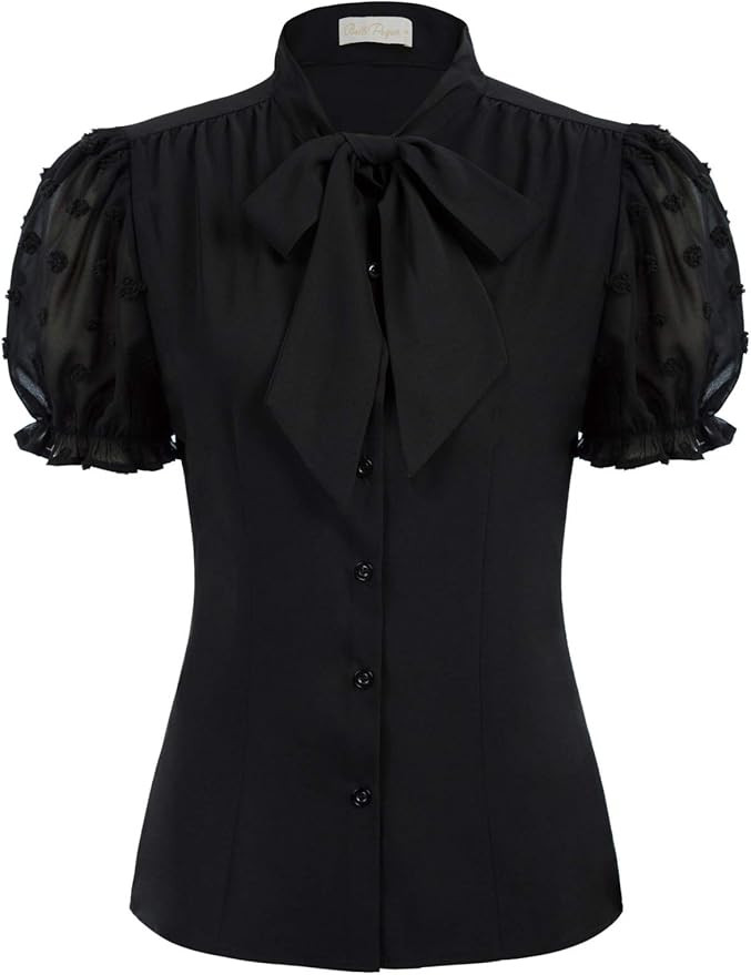 Belle Poque Summer Short Sleeve Office Button Down Blouse Stripe Shirt Tops with Bow Tie BP573 | Amazon (US)