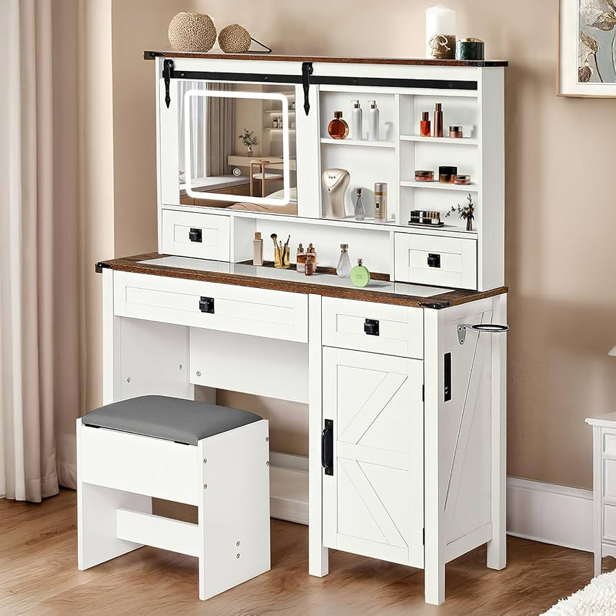 Redlife Farmhouse Vanity Desk with Mirror and Lights, 46" Vanity Set with Stool & Charging Statio... | Amazon (US)