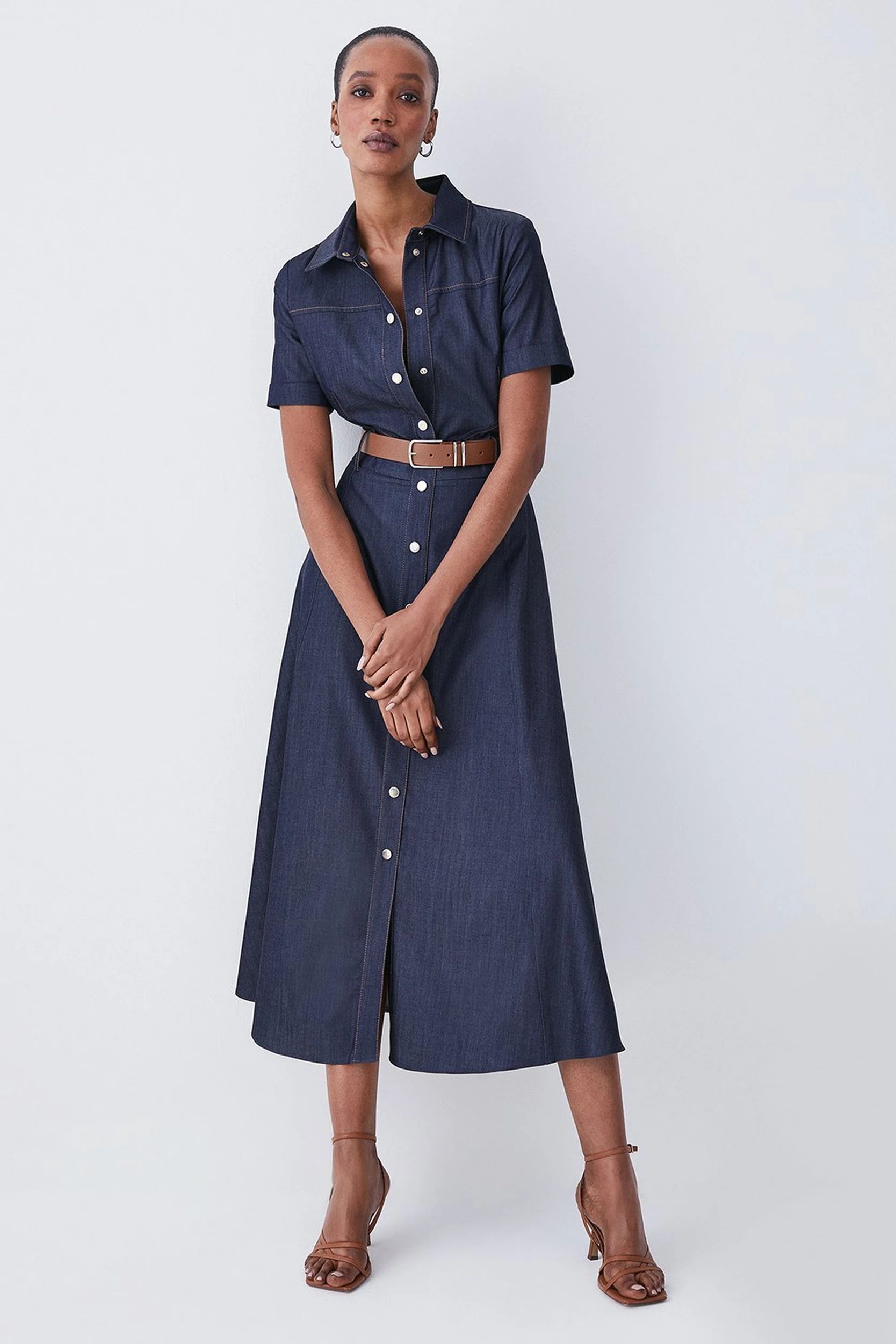 Tailored Denim Belted Midi Shirt Dress | Karen Millen US