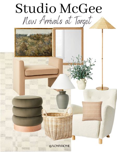 New arrivals from Studio MCGee for Target: medium rattan basket with lids, oversized woven throw pillow, large table lamp, olive leaf arrangement, landscape framed wall canvas, ottoman, natural woven check wall mirror, faux wheeling accent chair, checkerboard tufted cream rug, floor lamp with rattan shade, channel tufted ottoman with wood base.

#LTKhome #LTKstyletip