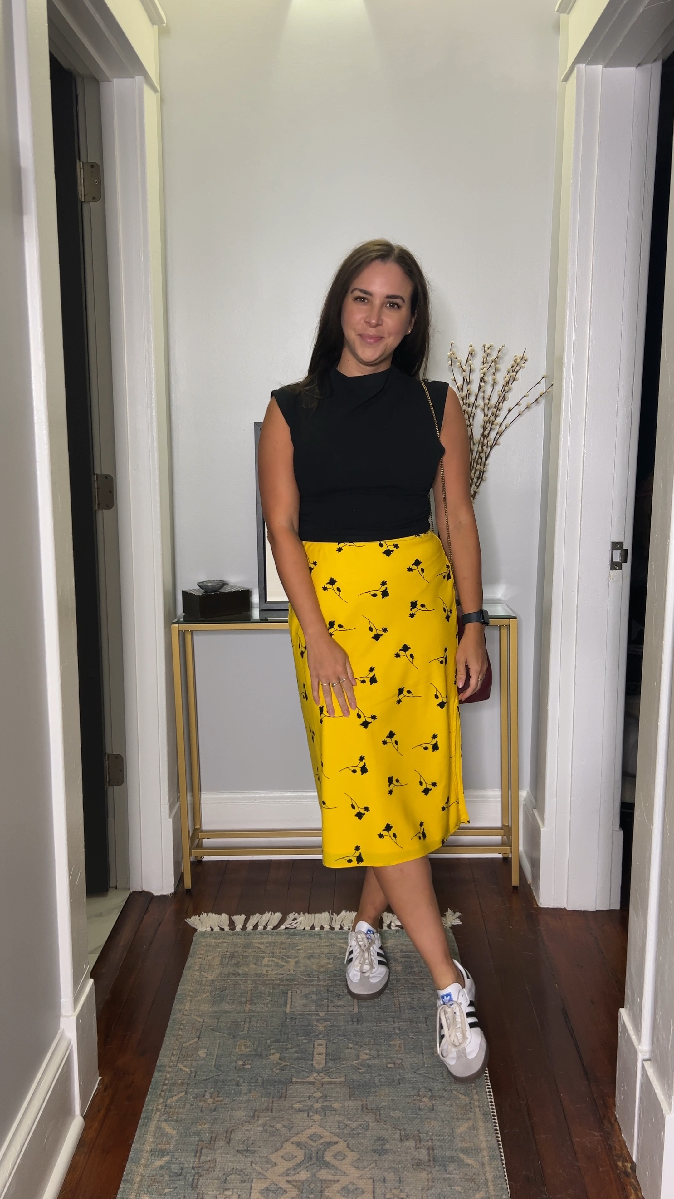 Printed skirt. Fall outfit. Yellow skirt. Reformation. Rent the runway. Sambas.

#LTKFindsUnder100 #LTKWorkwear #LTKVideo