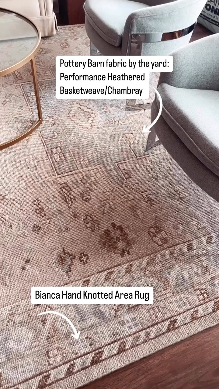 This is the Bianca hand knotted wool area rug from Pottery Barn. It’s mostly neutral with light blue accents. I love the timeless pattern!

We paired it with the Performance Heathered Badketweave in color Chambray. 

Did you know you can order fabric by the yard from Pottery Barn? We used it to have my client’s mid-century chairs reupholstered. 

#LTKHome