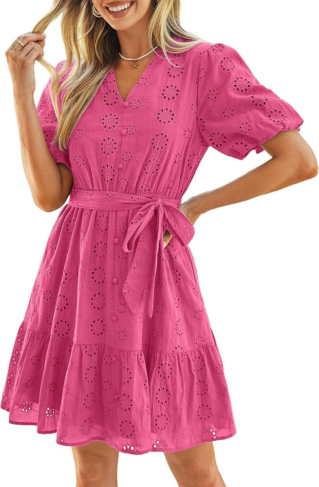 Simplee Womens 2026 Summer Mini Dress Eyelet V Neck Cotton Short Sleeve Hollow Out Belted Beach V... | Amazon (US)