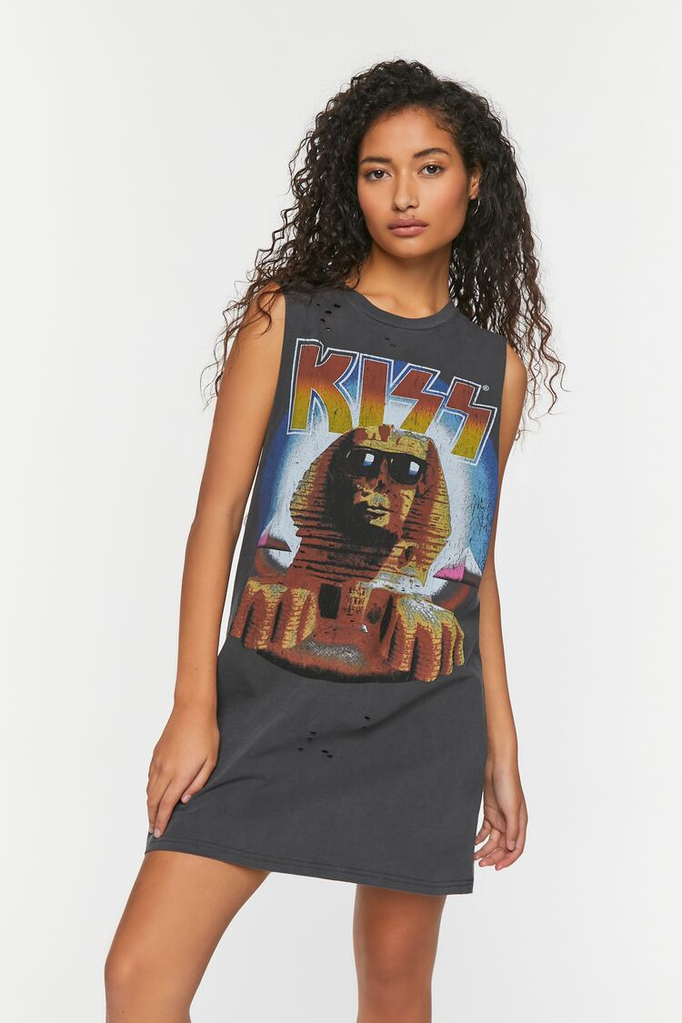 Women's Kiss Distressed Graphic T-Shirt Dress in Black Small | Forever 21 (US)