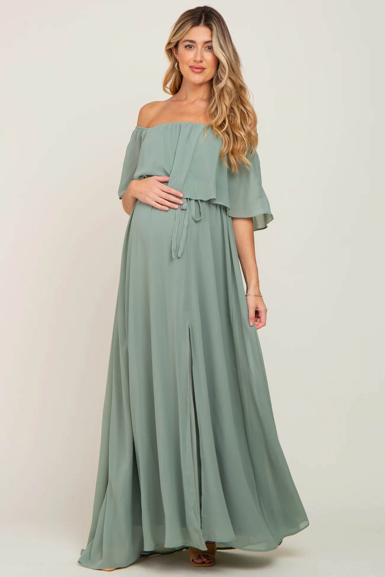 Light Olive Chiffon Off Shoulder Maternity Maxi Dress | PinkBlush Maternity