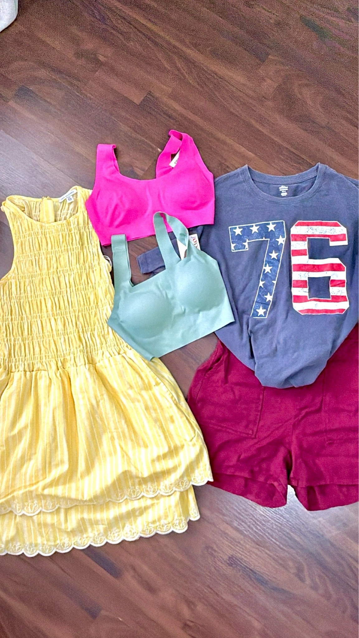 summer outfits

Americana 76 Women's Graphic Cotton Tee with Short Sleeves from Way to Celebrate
Size Medium- I sized up 1 size 

Free Assembly Women's and Women's Plus Smocked Cotton Sleeveless Mini Dress
Size XS I sized down 1 

Time and Tru Women's Soft Utility Shorts, 4" Inseam,
Size small TTS 

Joyspun Women's Wire-Free Bonded Longline
Square Neck Bra, size Medium

No Boundaries Wire-Free Bonded Scoop Bra, Sizes size medium

#LTKOver40 #LTKootd #LTKWorkwear