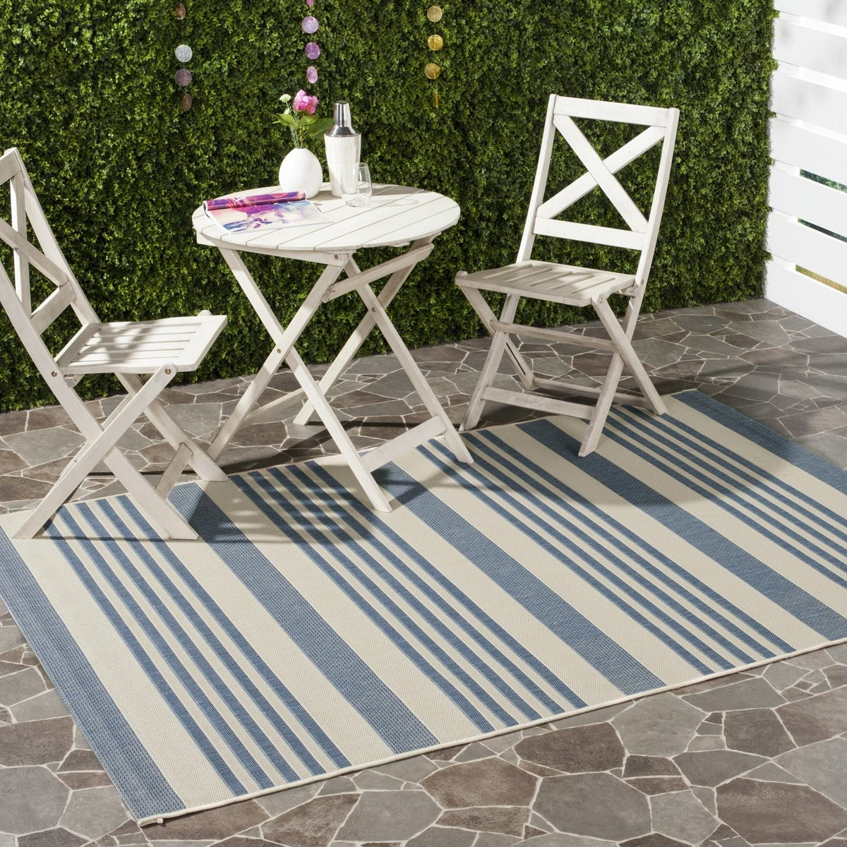 Courtyard II CY-6062 Beige/Blue (233) Striped Outdoor Area Rug | Rugs Direct