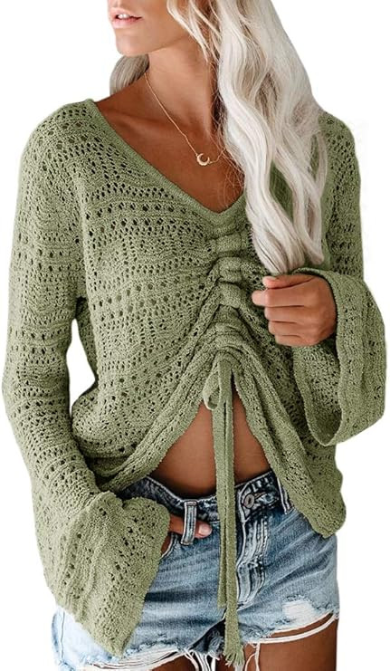 Saodimallsu Womens Boho Off Shoulder Sheer Crop Tops Bell Sleeve Flowy Oversized Crochet Ruched P... | Amazon (US)