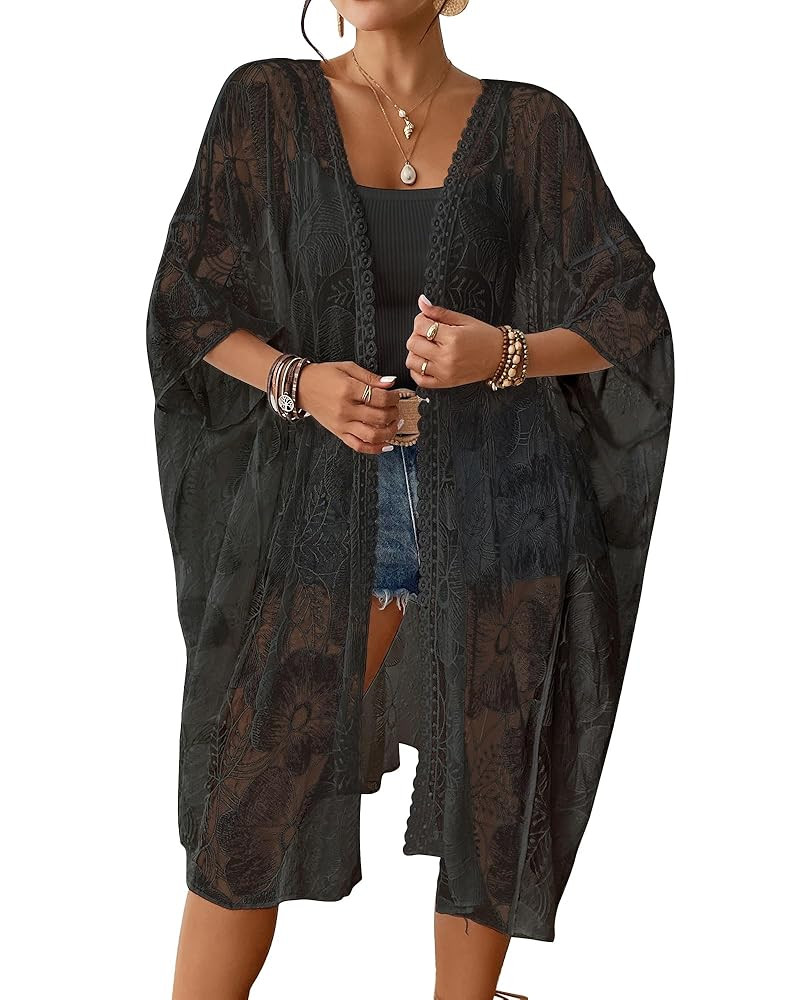 Bsubseach Lace Kimonos for Women 2025 Swim Cover Up Summer Beach Coverup Open Front Sheer Kimono ... | Amazon (US)