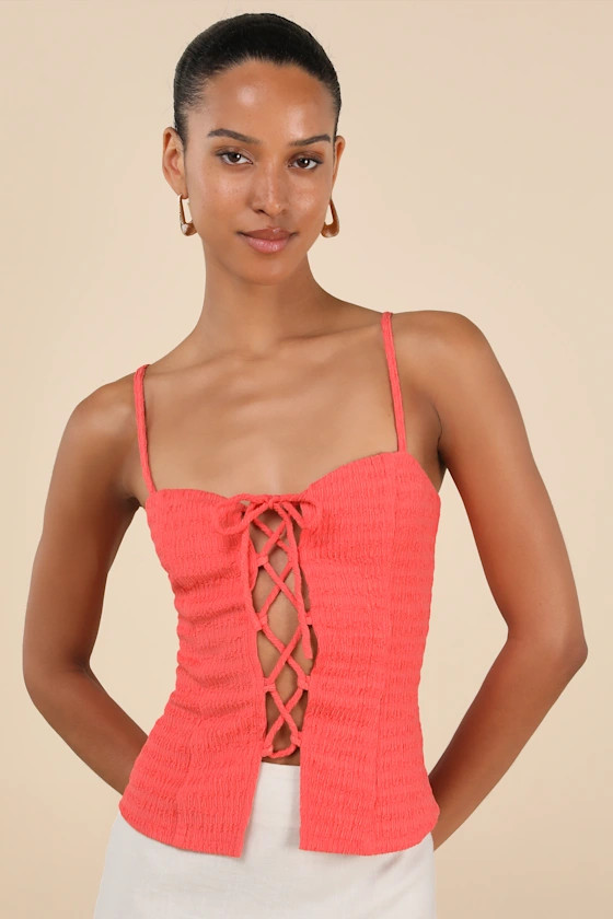 Annelie Coral Textured Knit Lace-Up Tank Top | Lulus