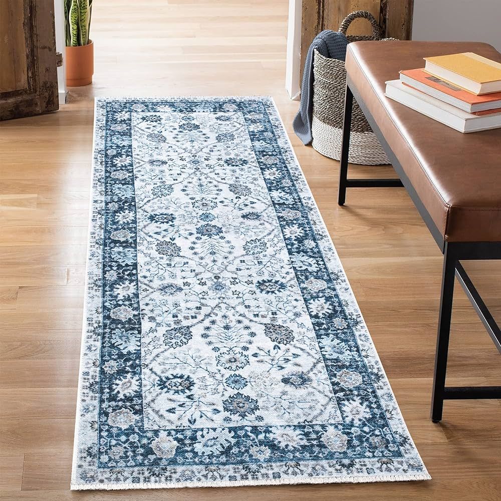 Bloom Rugs Caria Washable Non-Slip 7 ft Runner - Navy Blue Traditional Bordered Runner for Entryw... | Amazon (US)