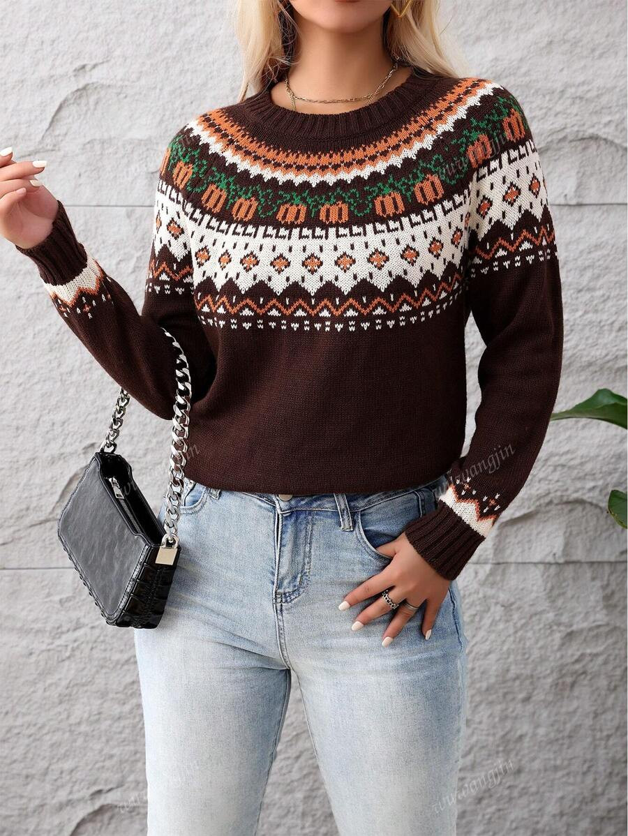 2025 Autumn/Winter New Arrival Women's Fairisle Sweater, Vintage Geometric & Pumpkin Color Block ... | SHEIN