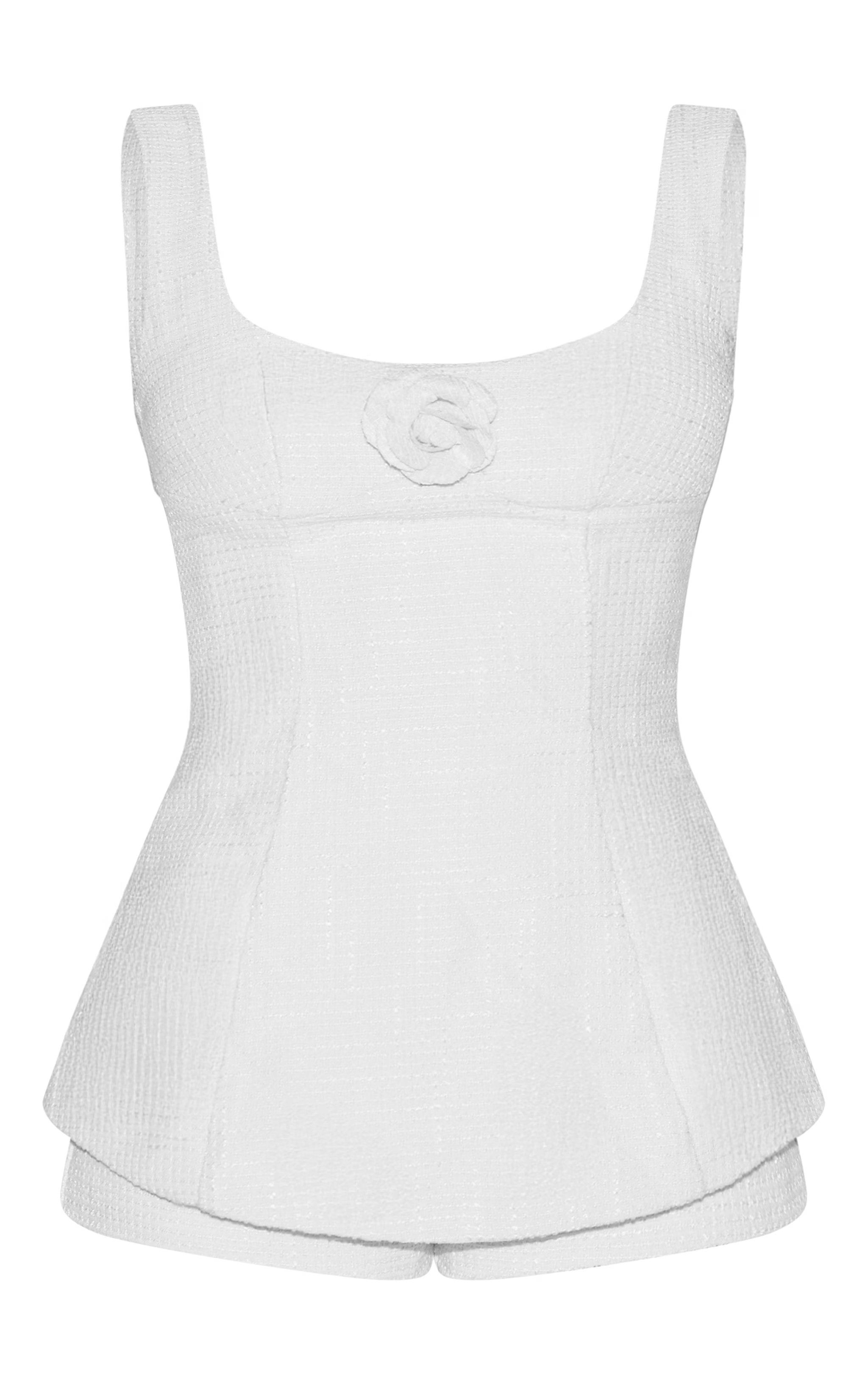 Premium White Boucle Camellia A-line Romper | PrettyLittleThing US
