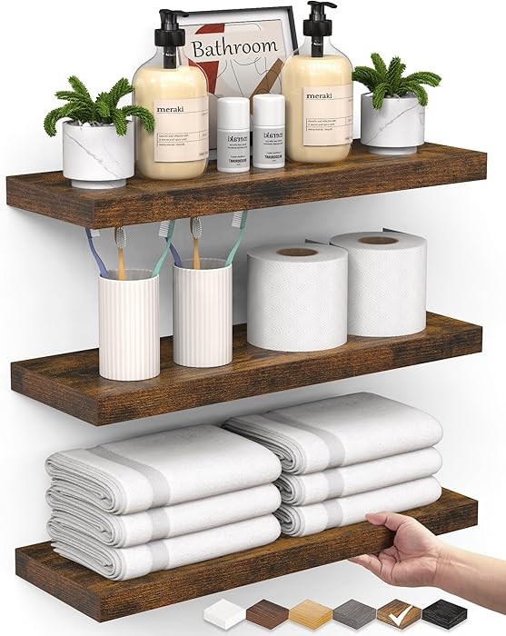 BAYKA Bathroom Floating Shelves for Wall Set of 3 - Rustic Brown Farmhouse Wood Shelves Over Toil... | Amazon (US)