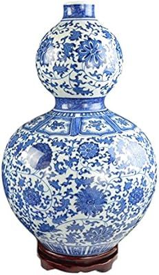 19" Classic Blue and White Porcelain Gourd-Shaped Vase, China Ming Style, Happiness, Good Fortune... | Amazon (US)