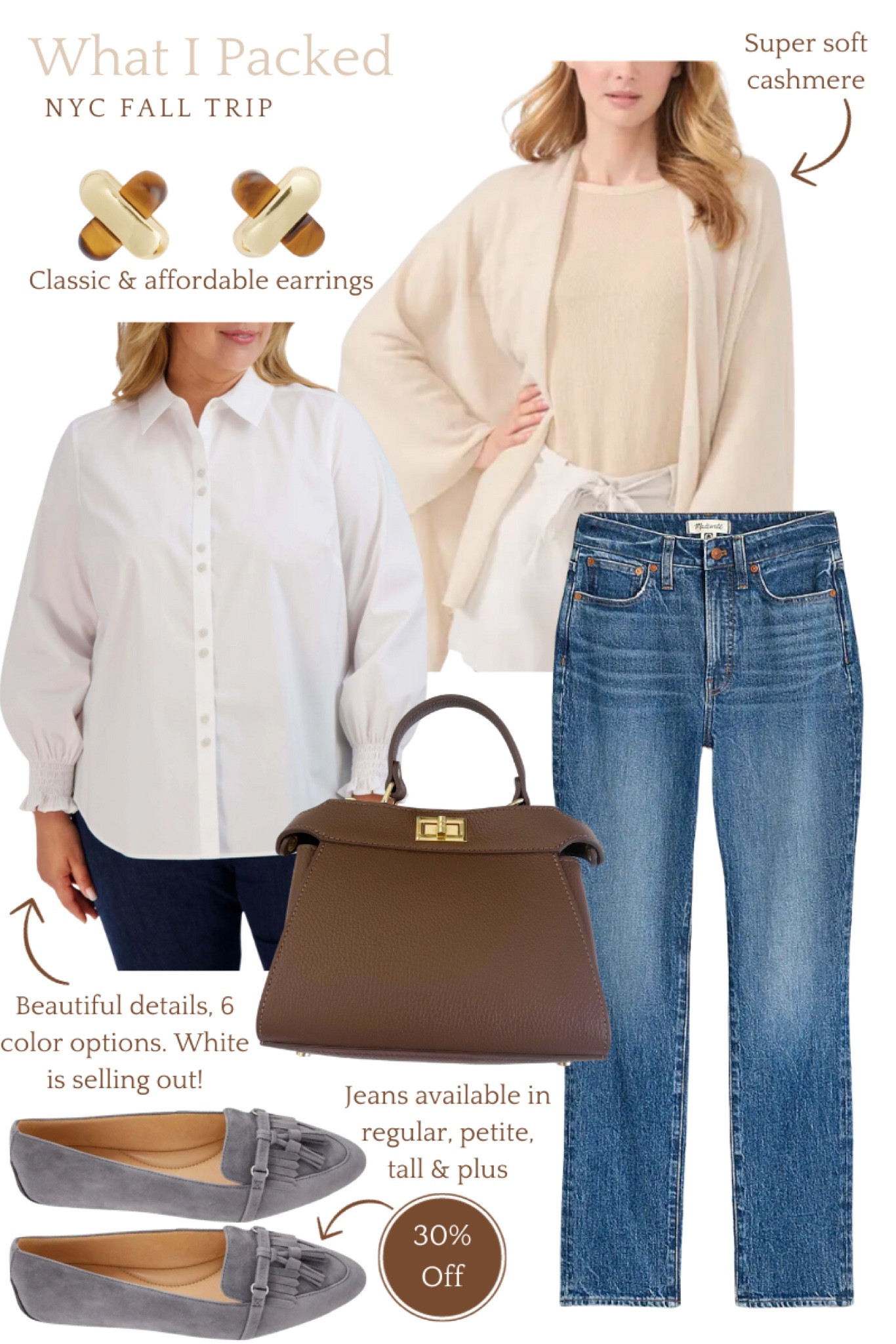 What I packed for our NYC Fall trip. When traveling I always focus on layers and these pieces kept me comfy while also feeling chic and put together. I can’t get enough of these jeans, available in plus size, tall, petite, and regular. Paired with a classic white button down, ivory cashmere wrap, a brown handbag, and tortoise shell earrings. 

Classic style, preppy, mom outfit, everyday ootd, fall fashion, extended sizes, denim #fallfashion #plussize #extendedsizes 

#LTKplussize #LTKSeasonal #LTKfindsunder100