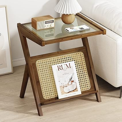 Bamworld Rattan Side Table Boho NightStand Mid Century Modern End Table Glass Bedside Table Small... | Amazon (US)