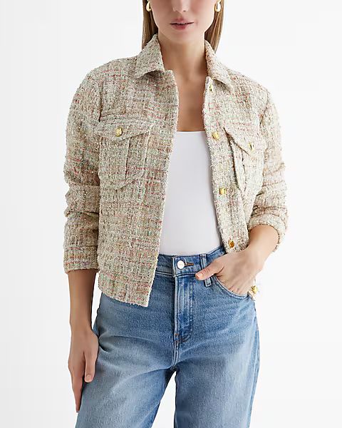 Sequin Tweed Novelty Button Cropped Bomber Jacket | Express (Pmt Risk)