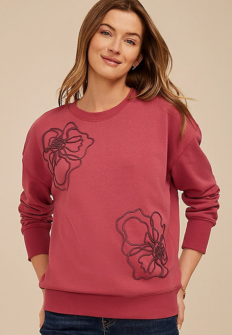 Soutache Floral Embroidered Crew Neck Sweatshirt | Maurices