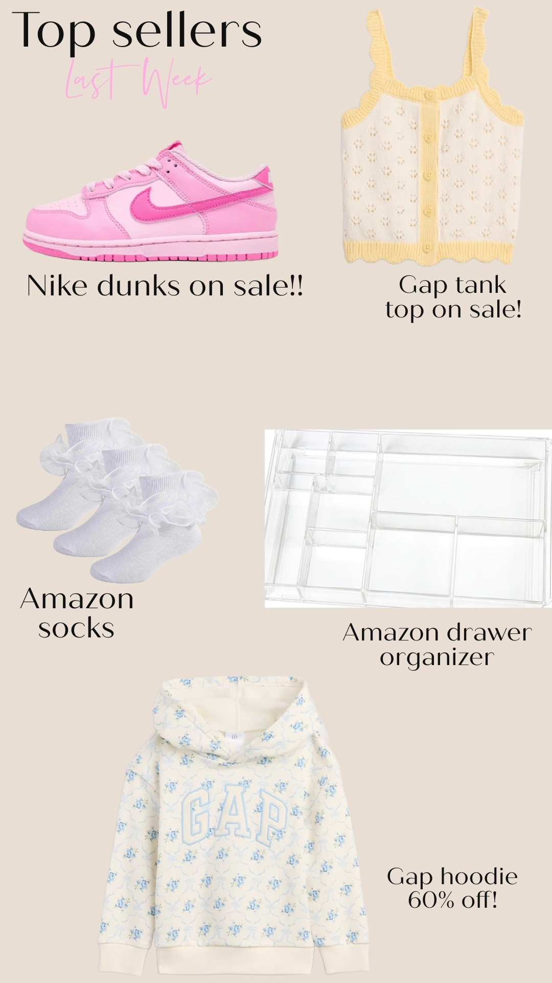 Top sellers last week:
Little kids Nike dunks on sale!
Gap tank top 40% off
Amazon frilly socks
Amazon drawer organizer
Gap hoodie 60% off

#LTKSaleAlert #LTKKids