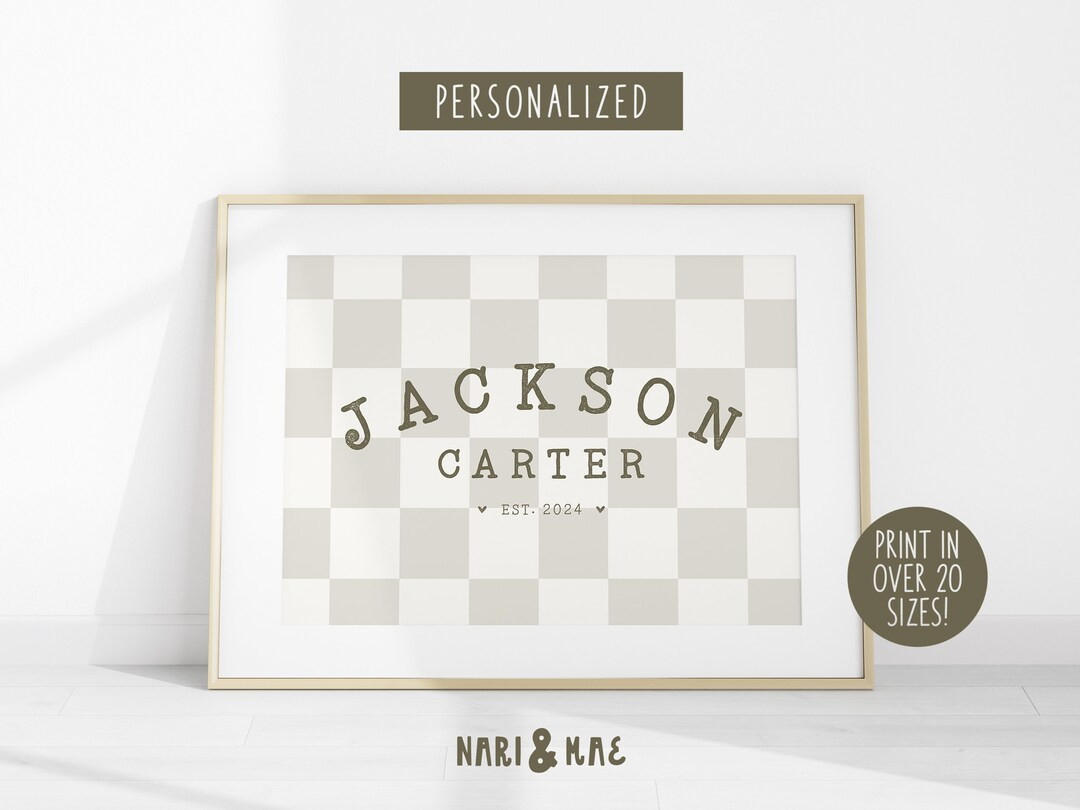 Checkered Nursery Name Sign, Personalized Nursery Print, Green Nursery Print, Checkered Baby Name... | Etsy (US)