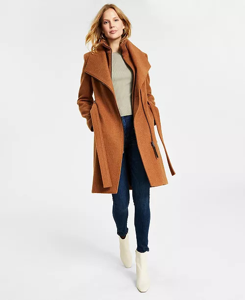 Calvin Klein Womens Wool Blend Belted Wrap Coat, Created for Macys - Macy's | Macy's