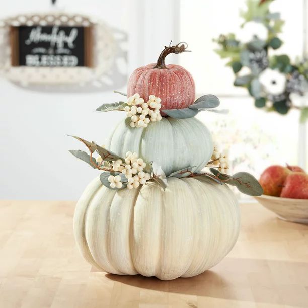 Way to Celebrate Harvest Green, Orange and White Foam Pumpkin Stack Decoration, 14.5" Tall | Walmart (US)