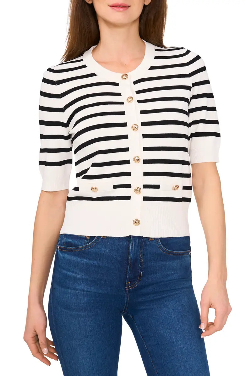 CeCe Stripe Short Sleeve Cardigan with Goldtone Buttons | Nordstrom | Nordstrom