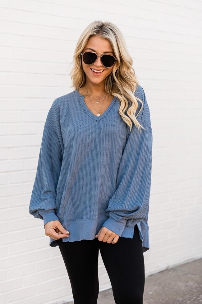 Since You've Been Gone Blue Waffle Knit V-Neck Sweater | The Pink Lily Boutique