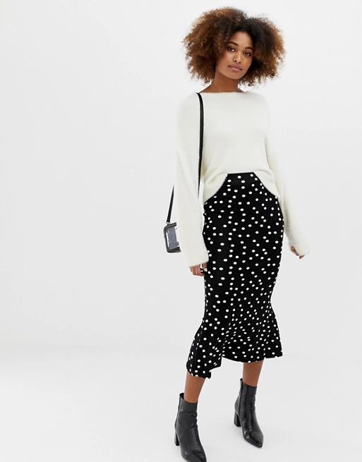 ASOS DESIGN midi skirt with kickflare in polka dot | ASOS UK