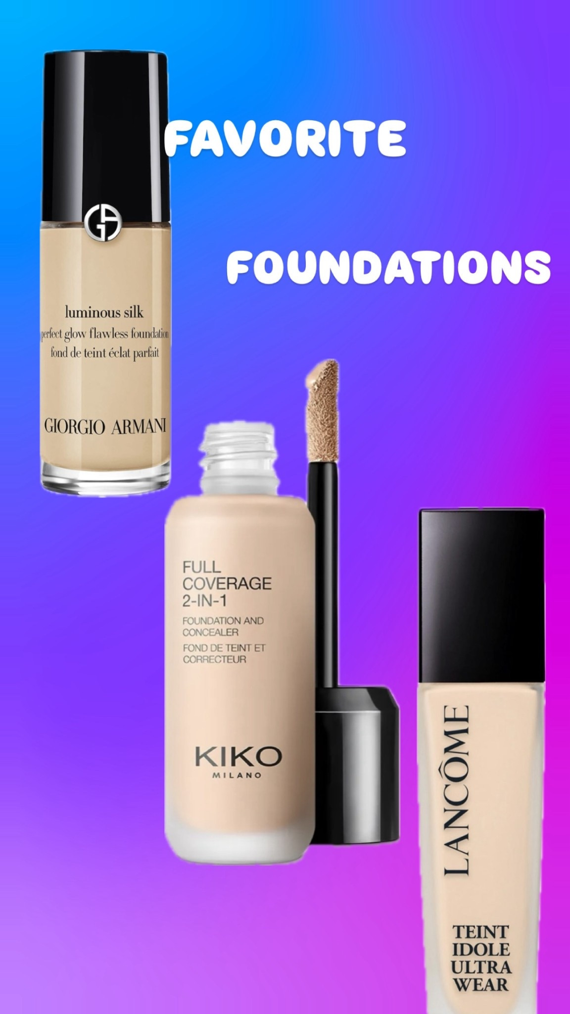 These are the three foundations I used. I haven’t found a foundation that fit my skin so well as these ones . 

1. Lancôme Teint Idole Ultra 24 H long wear matte foundation with hyaluronic acid and Vitamin E 
2. Giorgio Armani Luminous Silk Natural Glow foundation 
3. KIKO Milano Full coverage 2 In-1 Foundation & Concealer

I attempted to attach the Kiko Foundation, but it’s not supported by LTK. However, you can find it on their website. 


#LTKGiftGuide #LTKCyberWeek #LTKBeauty
