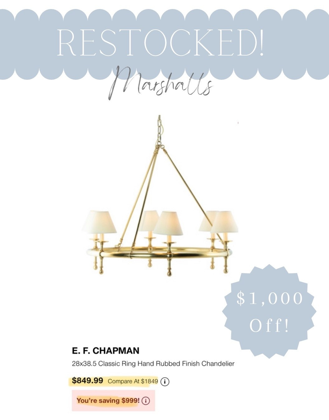 The E.F. Chapman classic ring chandelier was just restocked and $1,000 less than other retailers!!! These will sell out fast!!

dining room chandelier, kitchen chandelier, office chandelier, classic chandelier, timeless chandelier, brass chandelier, Visual comfort classic ring chandelier

#LTKStyleTip #LTKSaleAlert #LTKHome