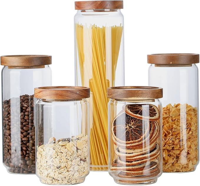 Glass Storage Jars with Wood Lid [Set of 5], Airtight Food Containers Stackable for Coffee Beans|... | Amazon (US)