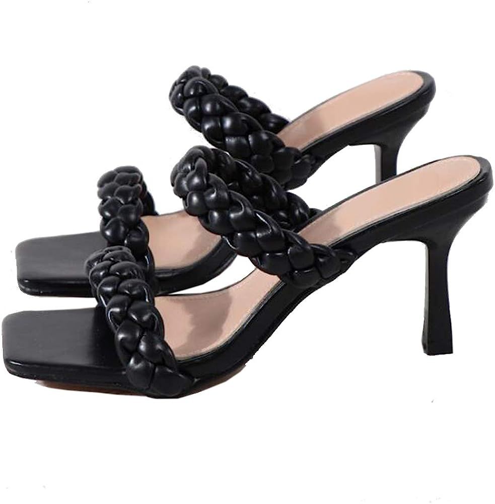 Amazon.com | GATUXUS Fashion Women's Stiletto High Heels Slides Sandals Square Toe Weave Double S... | Amazon (US)