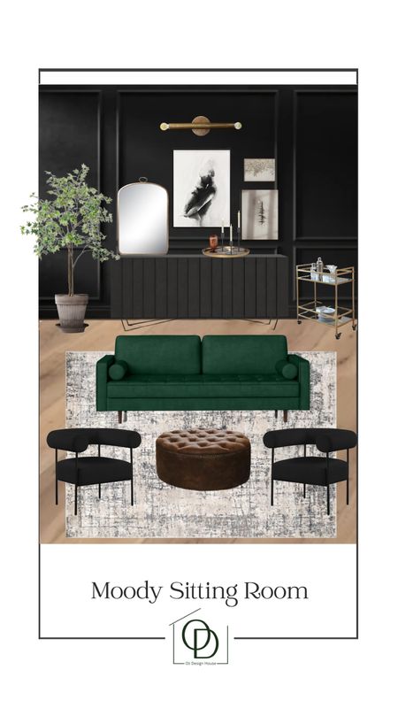 A moody sitting room design board, featuring a velvet green sofa, modern black barrel chairs, a tufted round leather ottoman, abstract art, a brass bar cart and black wood sideboard. 

Mid century modern sofa, modern accent chair, black accent chairs, moody room, Italian brass lighting, faux maple tree  

#LTKFind #LTKhome #LTKsalealert
