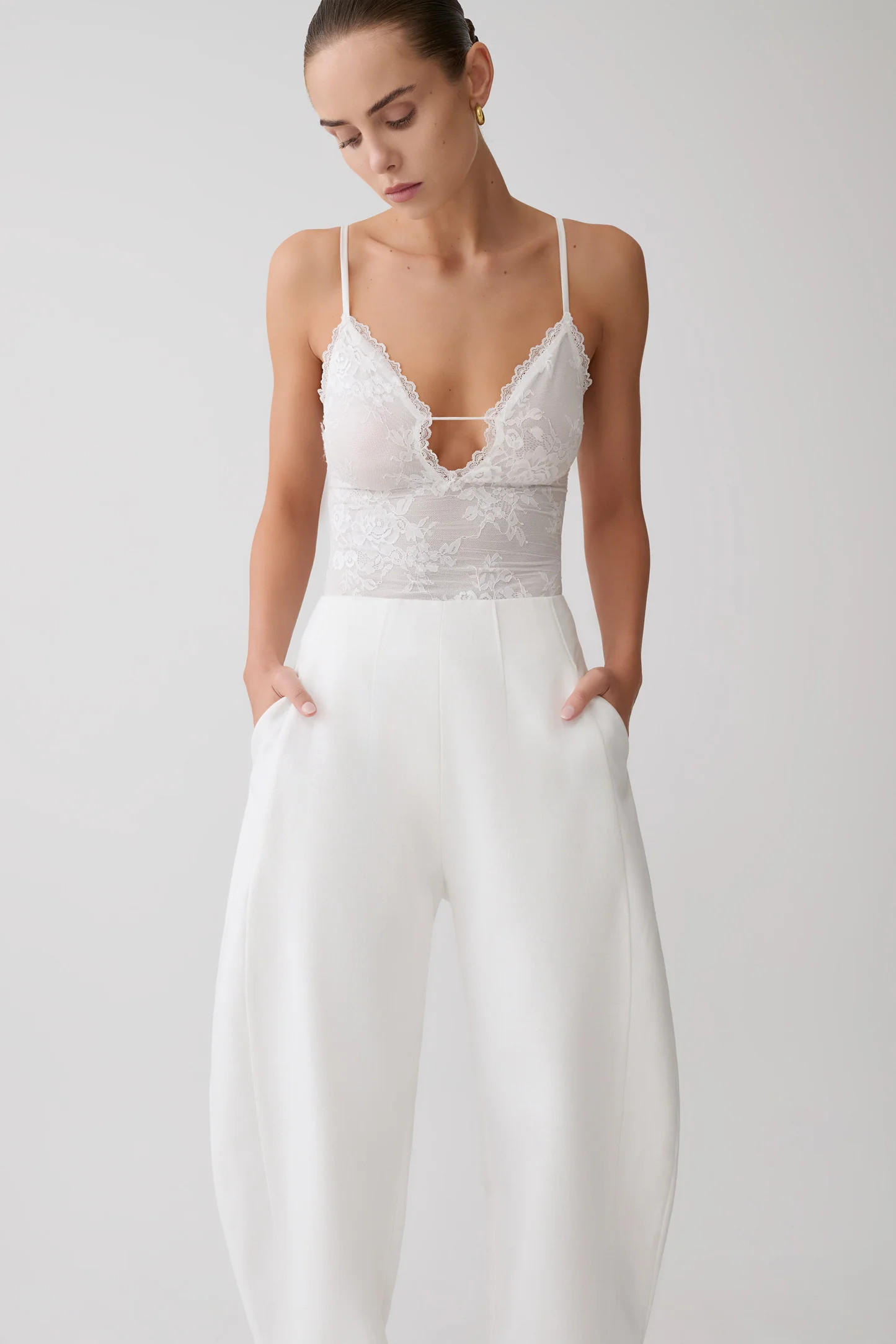 Jasper Sheer Plunge Lace Bodysuit - Ivory | Meshki UK