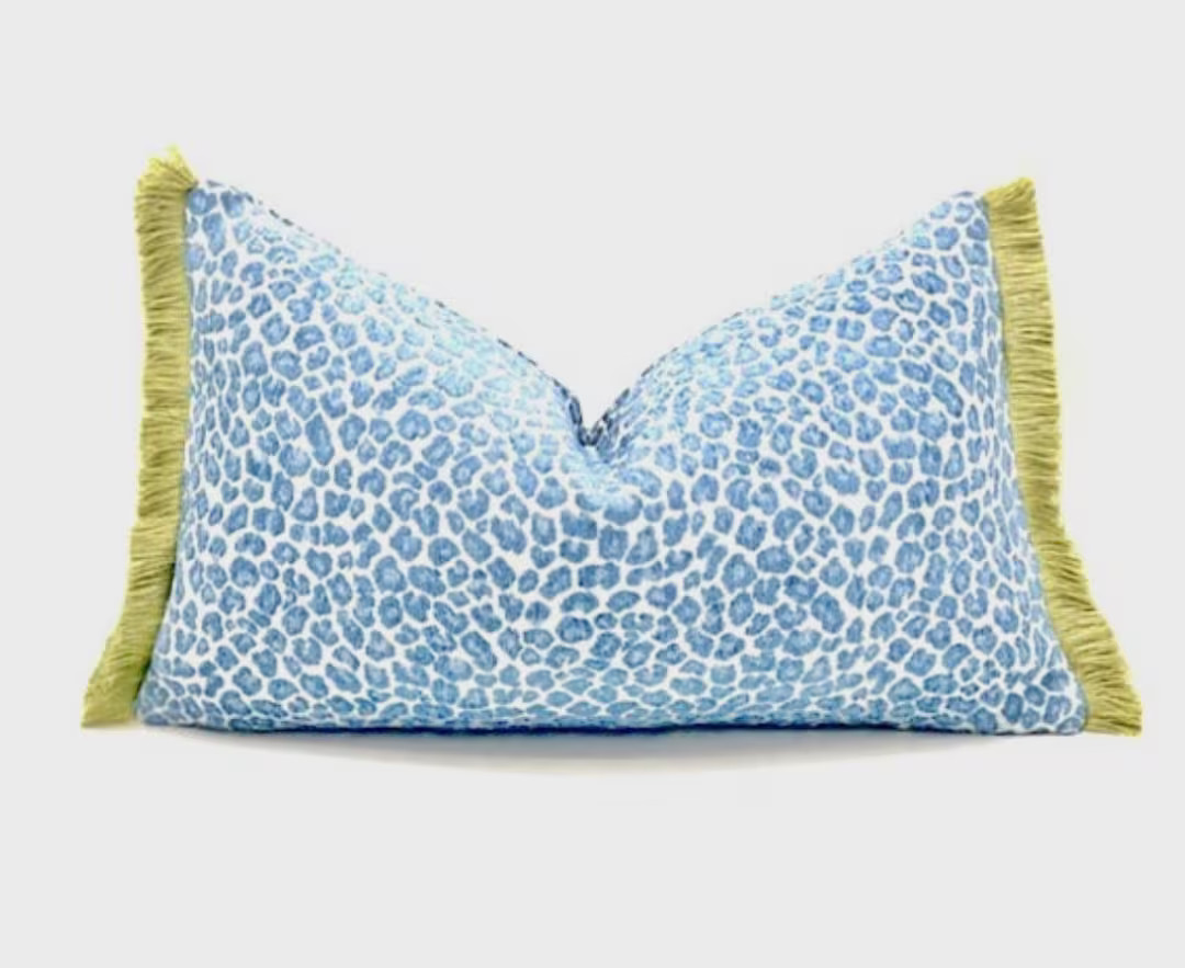 Blue Cheetah Throw Pillow Cover With Green Brush Fringe, Chenille Blue Cheetah Pillowcase Lumbar ... | Etsy (US)