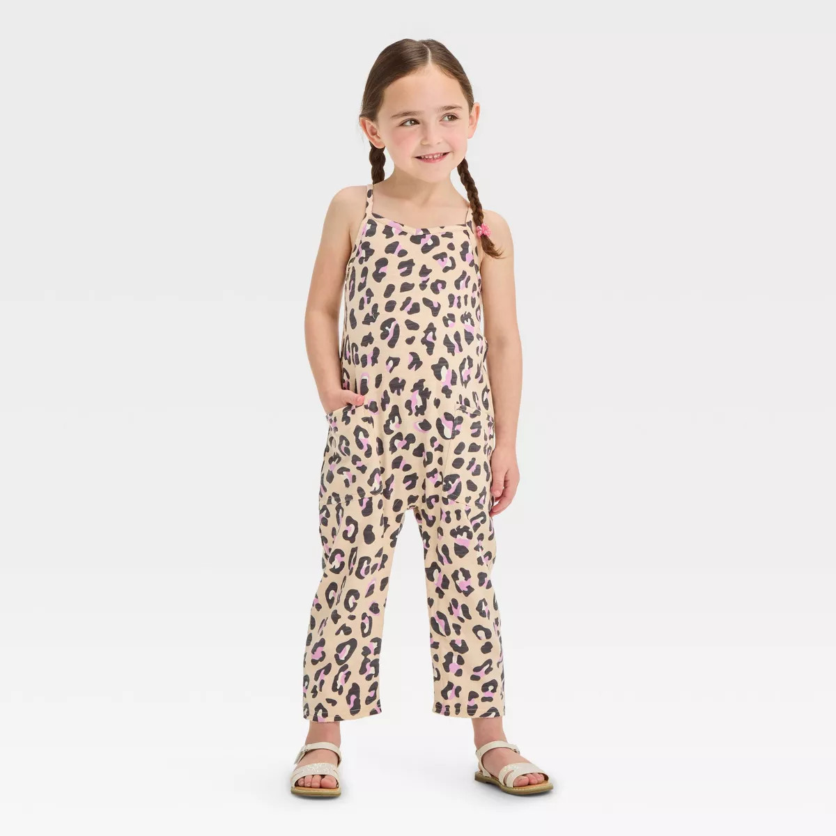 Grayson Mini Toddler Girls' French Terry Knit Leopard Printed Jumpsuit - Beige | Target