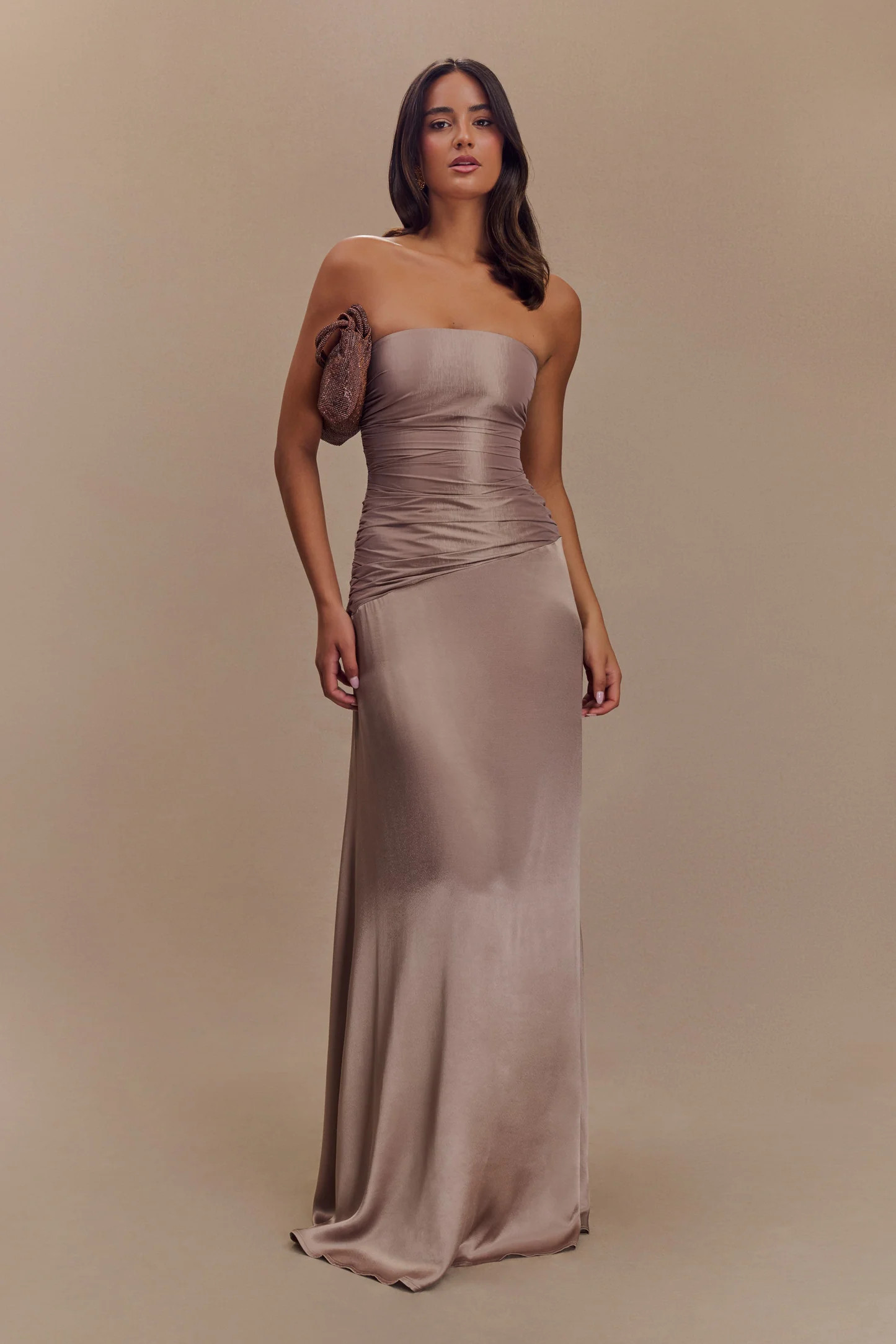 Serena Strapless Taffeta Maxi Dress - Bronze Taupe | Meshki UK