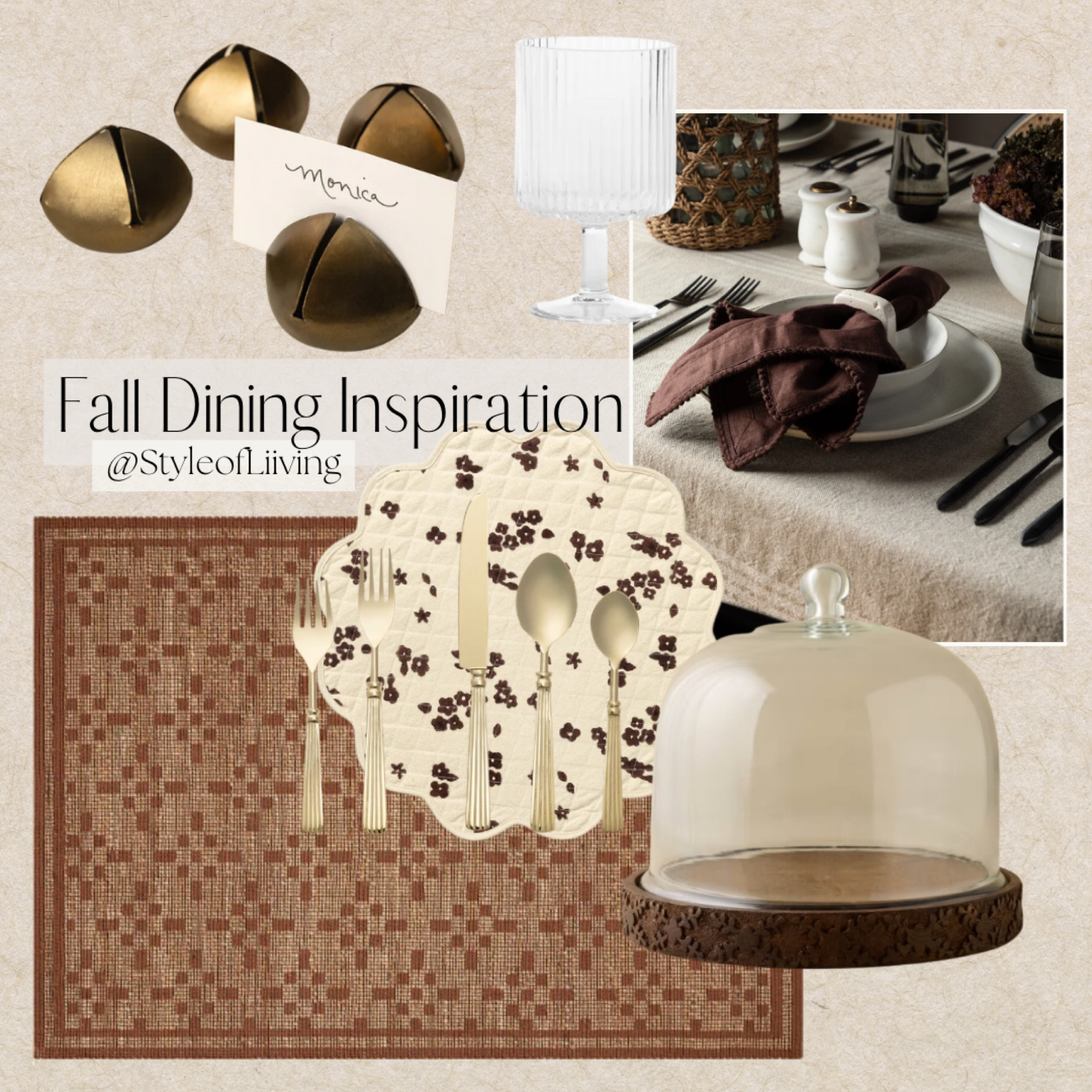 Fall table settings and dining! Placemats, silverware utensils, cake dome, travertine napkin rings, bell name tag holders, area rug, water glasses.

#LTKSeasonal #LTKHoliday #LTKHome